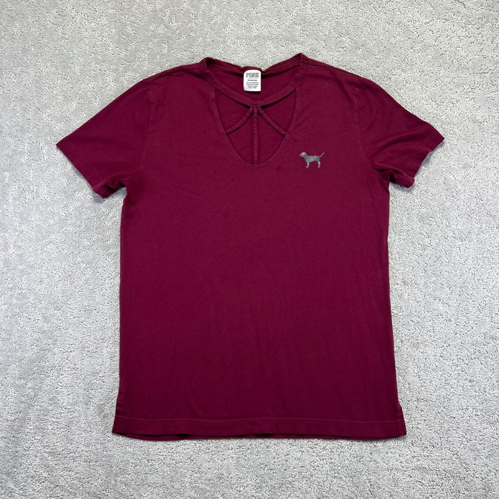 Victoria's Secret PINK‎ T-Shirt Womens Small Maroon Strappy V-Neck Dog Logo